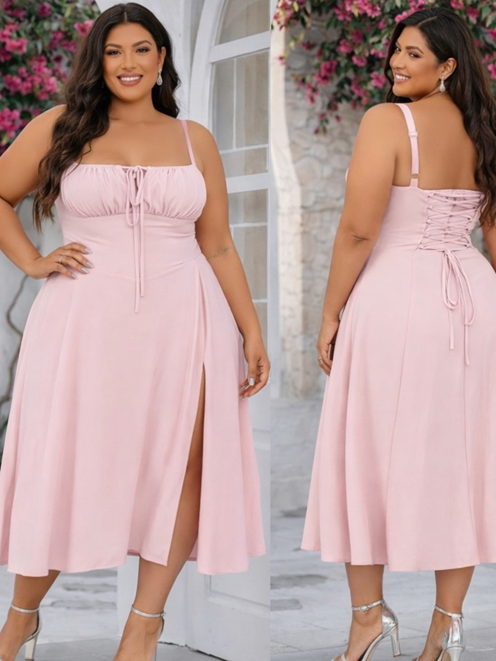 Plus Size Blush Pink Midi Dress with Lace-Up Back